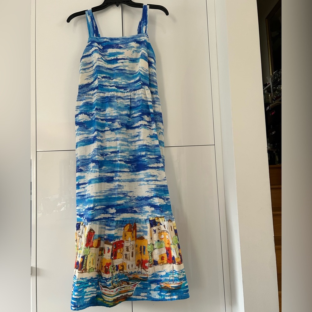 Spighe Di Lino Blue/White Colorful Sleeveless Maxi Dress in Size Large